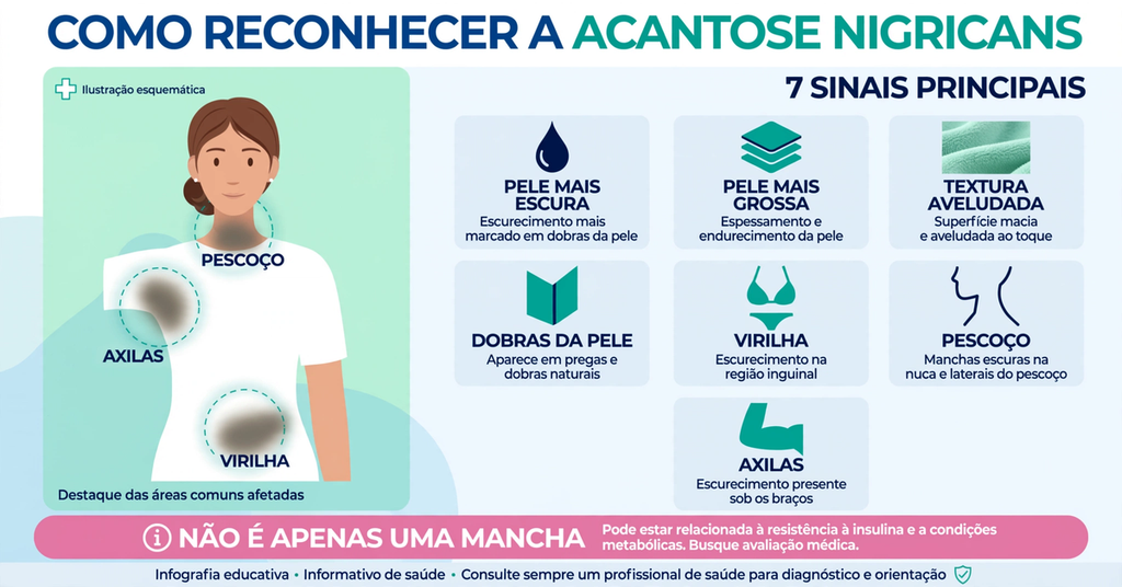 Pele escura, grossa e aveludada nas regiões de virilha, axilas e pescoço