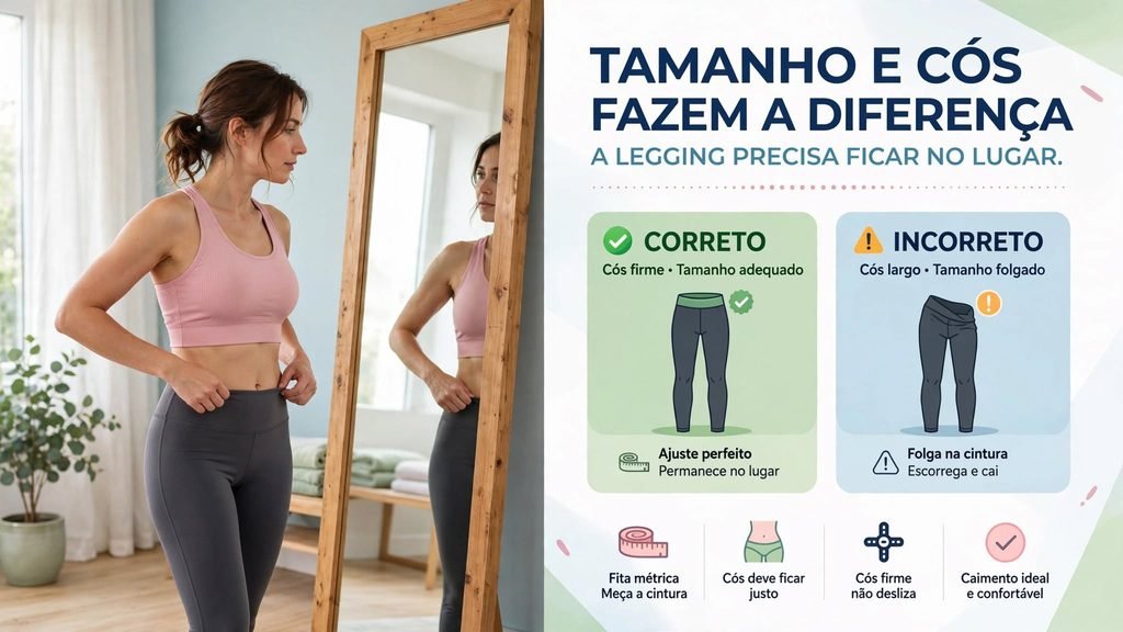  Mulher verificando o tamanho correto da legging para evitar que ela fique descendo