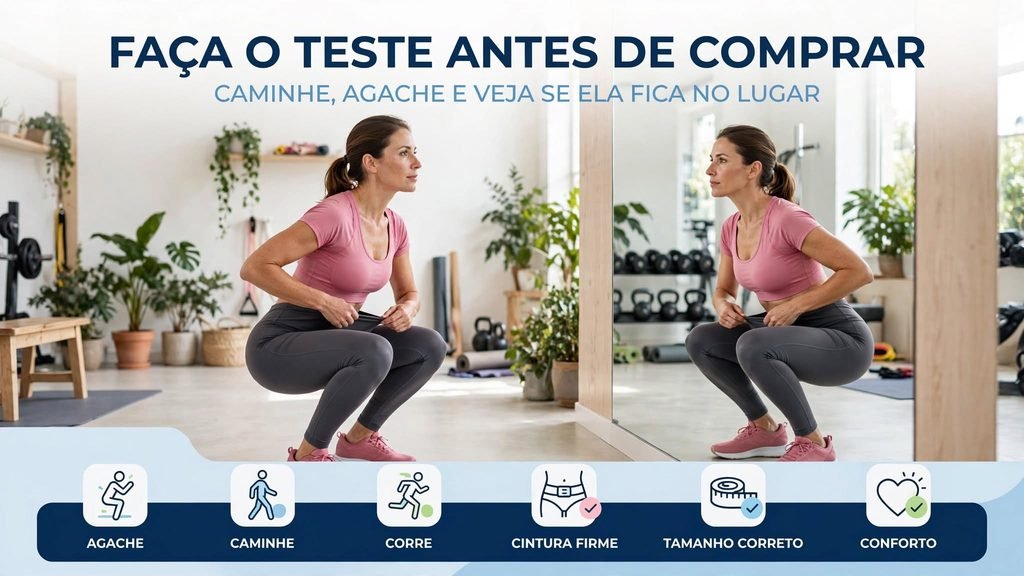 Mulher fazendo teste de agachamento para verificar se a legging permanece no lugar