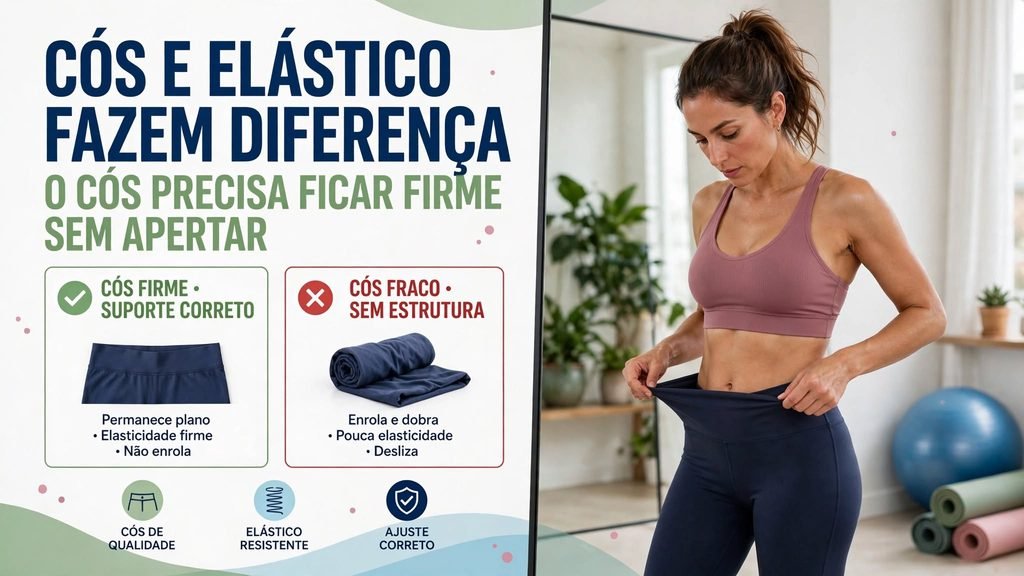 Mulher verificando o cós da legging para evitar que ele enrole na barriga