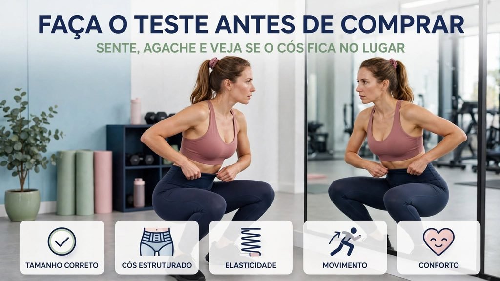 Mulher escolhendo legging com cós firme e tecido de boa qualidade