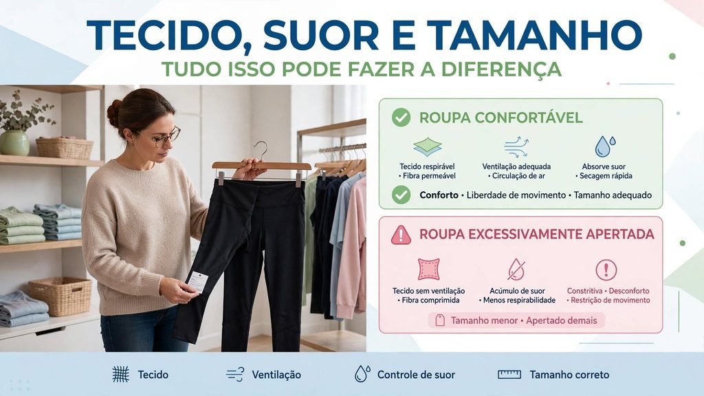 Mulher escolhendo legging confortável com tecido adequado