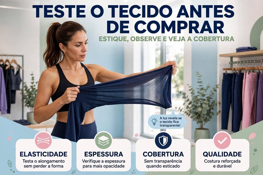 Mulher testando o tecido da legging para verificar espessura e elasticidade