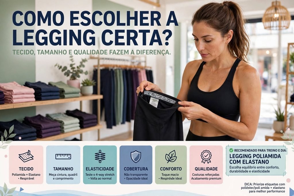 Mulher escolhendo uma legging de boa qualidade analisando tecido, elasticidade e tamanho