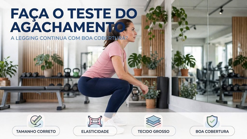 Mulher testando legging para verificar transparência durante o agachamento