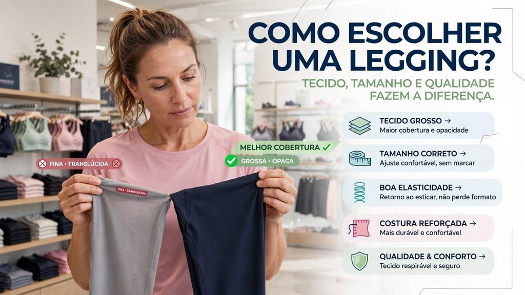 Mulher escolhendo uma legging de boa qualidade e sem transparência